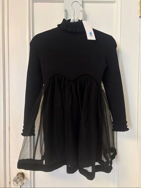 Girls Black Tulle Knit Dress with Ruffle Neck